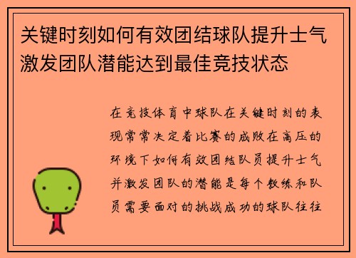 关键时刻如何有效团结球队提升士气激发团队潜能达到最佳竞技状态